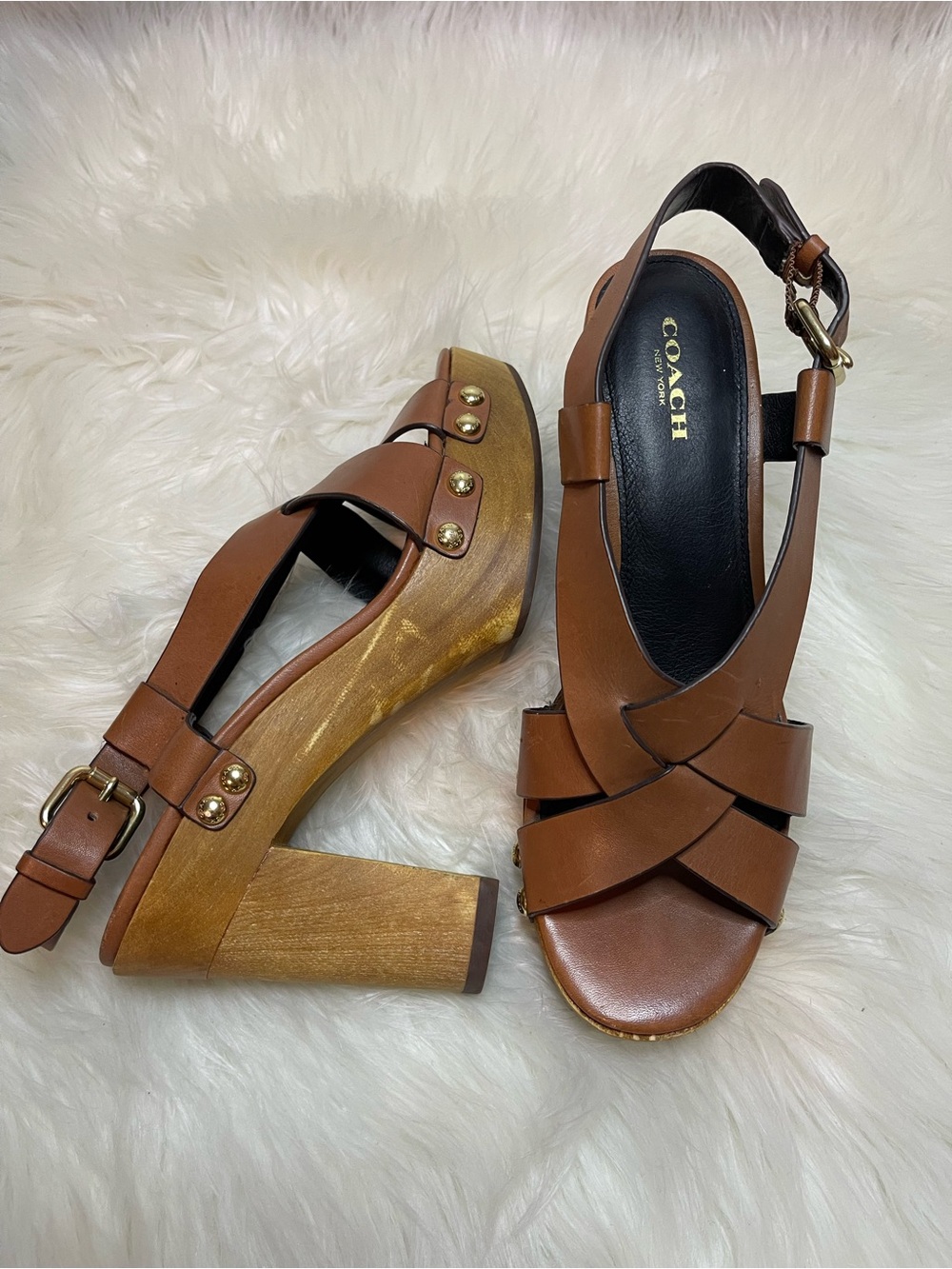 Coach Brown Leather Crisscross Platform Sandals hills with Gold Accents